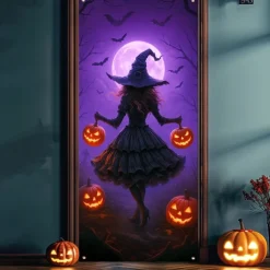 Halloween Door Cover Neon Witch over Cauldron Banner, Glowing Blacklight Entrance Decoration for Outdoor & Indoor 2025 Halloween Bedroom, Living Room, Bathroom