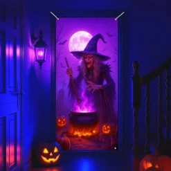 Halloween Door Cover Neon Witch over Cauldron Banner, Glowing Blacklight Entrance Decoration for Outdoor & Indoor 2025 Halloween Bedroom, Living Room, Bathroom