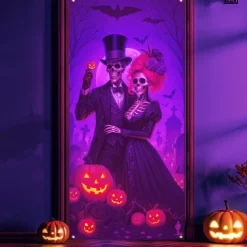 Halloween Door Cover Neon La Catrina Skeleton Bride Banner, Glowing Blacklight Entrance Decoration for Outdoor & Indoor 2025 Halloween Bedroom, Living Room, Bathroom