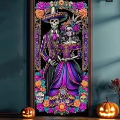 Halloween Door Cover Neon La Catrina Skeleton Bride Banner, Glowing Blacklight Entrance Decoration for Outdoor & Indoor 2025 Halloween Bedroom, Living Room, Bathroom