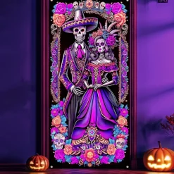Halloween Door Cover Neon La Catrina Skeleton Bride Banner, Glowing Blacklight Entrance Decoration for Outdoor & Indoor 2025 Halloween Bedroom, Living Room, Bathroom