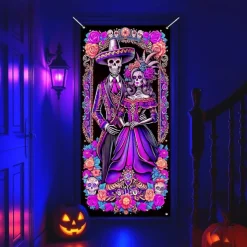Halloween Door Cover Neon La Catrina Skeleton Bride Banner, Glowing Blacklight Entrance Decoration for Outdoor & Indoor 2025 Halloween Bedroom, Living Room, Bathroom