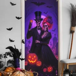Halloween Door Cover Neon La Catrina Skeleton Bride Banner, Glowing Blacklight Entrance Decoration for Outdoor & Indoor 2025 Halloween Bedroom, Living Room, Bathroom