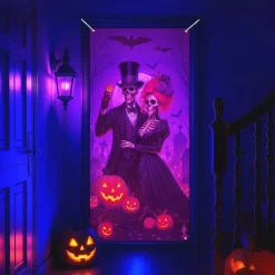 Halloween Door Cover Neon La Catrina Skeleton Bride Banner, Glowing Blacklight Entrance Decoration for Outdoor & Indoor 2025 Halloween Bedroom, Living Room, Bathroom