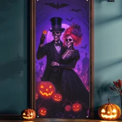 Halloween Door Cover Neon La Catrina Skeleton Bride Banner, Glowing Blacklight Entrance Decoration for Outdoor & Indoor 2025 Halloween Bedroom, Living Room, Bathroom