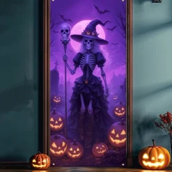 Halloween Door Cover Neon Witch with Broom Banner, Glowing Blacklight Entrance Decoration for Outdoor & Indoor 2025 Halloween Bedroom, Living Room, Bathroom