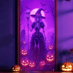 Halloween Door Cover Neon Witch with Broom Banner, Glowing Blacklight Entrance Decoration for Outdoor & Indoor 2025 Halloween Bedroom, Living Room, Bathroom
