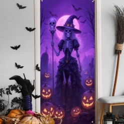 Halloween Door Cover Neon Witch with Broom Banner, Glowing Blacklight Entrance Decoration for Outdoor & Indoor 2025 Halloween Bedroom, Living Room, Bathroom
