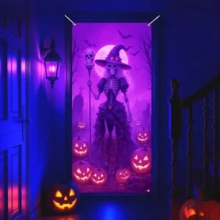 Halloween Door Cover Neon Witch with Broom Banner, Glowing Blacklight Entrance Decoration for Outdoor & Indoor 2025 Halloween Bedroom, Living Room, Bathroom