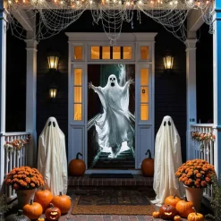 Halloween Door Cover Outdoor Banners Ghost Boo Psychedelic Dark Punk Gothic Style Party Outdoor Shooting Backgrounds Front Door Wall Porch Decorations Wall Door Background