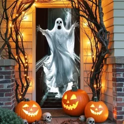 Halloween Door Cover Outdoor Banners Ghost Boo Psychedelic Dark Punk Gothic Style Party Outdoor Shooting Backgrounds Front Door Wall Porch Decorations Wall Door Background