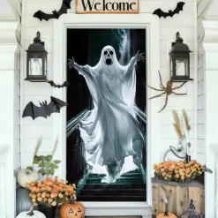 Halloween Door Cover Outdoor Banners Ghost Boo Psychedelic Dark Punk Gothic Style Party Outdoor Shooting Backgrounds Front Door Wall Porch Decorations Wall Door Background