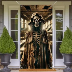 Halloween Door Cover Outdoor Banners Skeleton Witch Psychedelic Dark Punk Gothic Style Party Outdoor Shooting Backgrounds Front Door Wall Porch Decorations Wall Door Background