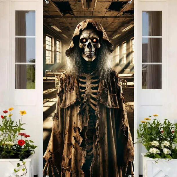 Halloween Door Cover Outdoor Banners Skeleton Witch Psychedelic Dark Punk Gothic Style Party Outdoor Shooting Backgrounds Front Door Wall Porch Decorations Wall Door Background
