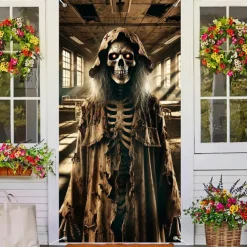 Halloween Door Cover Outdoor Banners Skeleton Witch Psychedelic Dark Punk Gothic Style Party Outdoor Shooting Backgrounds Front Door Wall Porch Decorations Wall Door Background