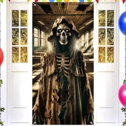 Halloween Door Cover Outdoor Banners Skeleton Witch Psychedelic Dark Punk Gothic Style Party Outdoor Shooting Backgrounds Front Door Wall Porch Decorations Wall Door Background