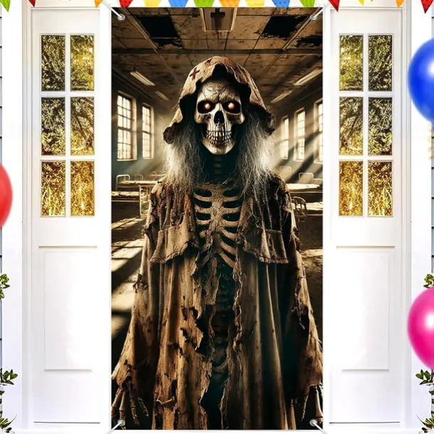 Halloween Door Cover Outdoor Banners Skeleton Witch Psychedelic Dark Punk Gothic Style Party Outdoor Shooting Backgrounds Front Door Wall Porch Decorations Wall Door Background