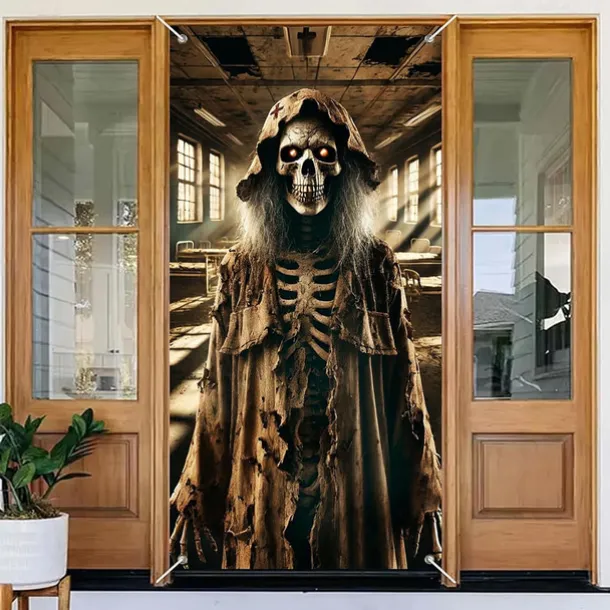 Halloween Door Cover Outdoor Banners Skeleton Witch Psychedelic Dark Punk Gothic Style Party Outdoor Shooting Backgrounds Front Door Wall Porch Decorations Wall Door Background