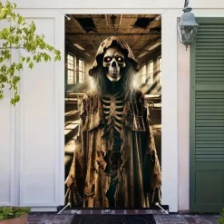 Halloween Door Cover Outdoor Banners Skeleton Witch Psychedelic Dark Punk Gothic Style Party Outdoor Shooting Backgrounds Front Door Wall Porch Decorations Wall Door Background