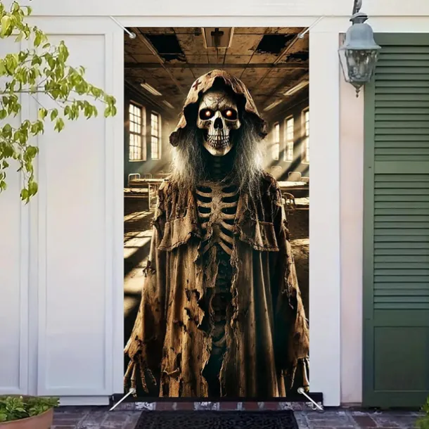 Halloween Door Cover Outdoor Banners Skeleton Witch Psychedelic Dark Punk Gothic Style Party Outdoor Shooting Backgrounds Front Door Wall Porch Decorations Wall Door Background