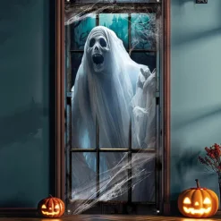 Halloween Door Cover Outdoor Banners Ghost Psychedelic Dark Punk Gothic Style Party Outdoor Shooting Backgrounds Front Door Wall Porch Decorations Wall Door Background