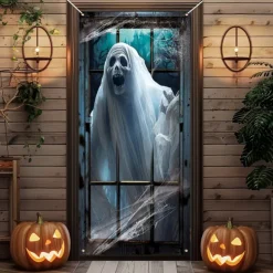 Halloween Door Cover Outdoor Banners Ghost Psychedelic Dark Punk Gothic Style Party Outdoor Shooting Backgrounds Front Door Wall Porch Decorations Wall Door Background