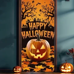 Halloween Door Cover Outdoor Banners Pumpkin Psychedelic Dark Punk Gothic Style Party Outdoor Shooting Backgrounds Front Door Wall Porch Decorations Wall Door Background
