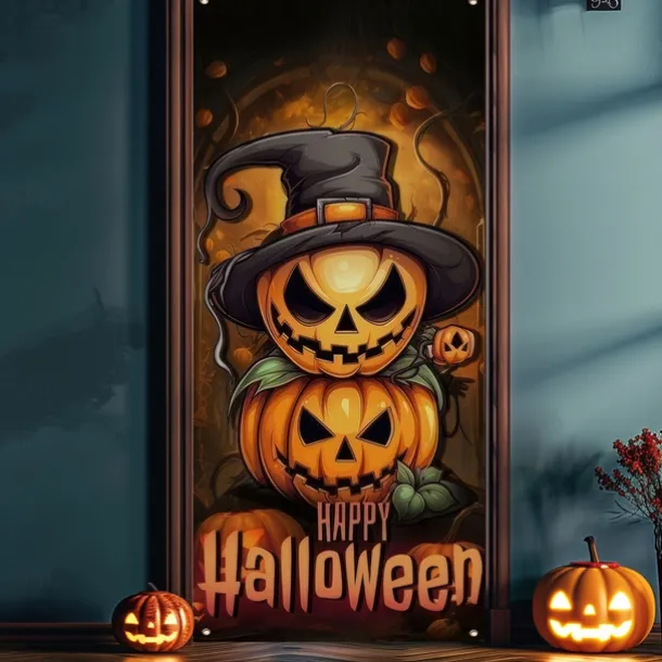 Halloween Door Cover Outdoor Banners Pumpkin Psychedelic Dark Punk Gothic Style Party Outdoor Shooting Backgrounds Front Door Wall Porch Decorations Wall Door Background