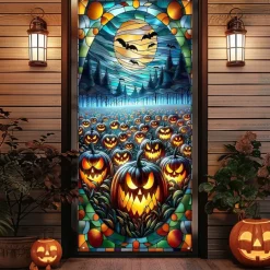 Halloween Door Cover Outdoor Banners Pumpkin Bat 3D Psychedelic Party Outdoor Shooting Backgrounds Front Door Wall Porch Decorations Wall Door Background