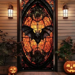 Halloween Door Cover Outdoor Banners Pumpkin Bat 3D Psychedelic Party Outdoor Shooting Backgrounds Front Door Wall Porch Decorations Wall Door Background
