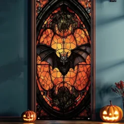 Halloween Door Cover Outdoor Banners Pumpkin Bat 3D Psychedelic Party Outdoor Shooting Backgrounds Front Door Wall Porch Decorations Wall Door Background
