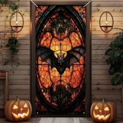 Halloween Door Cover Outdoor Banners Pumpkin Bat 3D Psychedelic Party Outdoor Shooting Backgrounds Front Door Wall Porch Decorations Wall Door Background