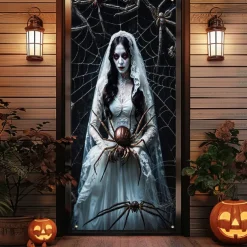 Halloween Door Cover Outdoor Banners Ghost Bride Spider Psychedelic Dark Punk Gothic Style Party Outdoor Shooting Backgrounds Front Door Wall Porch Decorations Wall Door Background