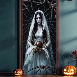 Halloween Door Cover Outdoor Banners Ghost Bride Spider Psychedelic Dark Punk Gothic Style Party Outdoor Shooting Backgrounds Front Door Wall Porch Decorations Wall Door Background