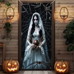 Halloween Door Cover Outdoor Banners Ghost Bride Spider Psychedelic Dark Punk Gothic Style Party Outdoor Shooting Backgrounds Front Door Wall Porch Decorations Wall Door Background