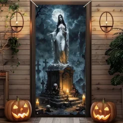 Halloween Door Cover Outdoor Banners Ghost Bride Spider Psychedelic Dark Punk Gothic Style Party Outdoor Shooting Backgrounds Front Door Wall Porch Decorations Wall Door Background