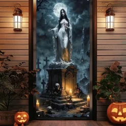 Halloween Door Cover Outdoor Banners Ghost Bride Spider Psychedelic Dark Punk Gothic Style Party Outdoor Shooting Backgrounds Front Door Wall Porch Decorations Wall Door Background