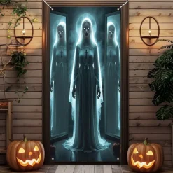 Halloween Door Cover Outdoor Banners Ghost Bride Spider Psychedelic Dark Punk Gothic Style Party Outdoor Shooting Backgrounds Front Door Wall Porch Decorations Wall Door Background