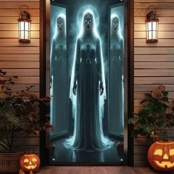 Halloween Door Cover Outdoor Banners Ghost Bride Spider Psychedelic Dark Punk Gothic Style Party Outdoor Shooting Backgrounds Front Door Wall Porch Decorations Wall Door Background