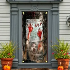 Halloween Door Cover Outdoor Banners Ghost Psychedelic Dark Punk Gothic Style Party Outdoor Shooting Backgrounds Front Door Wall Porch Decorations Wall Door Background