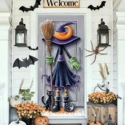 Halloween Door Cover Outdoor Banners Witch Cat Psychedelic Dark Punk Gothic Style Party Outdoor Shooting Backgrounds Front Door Wall Porch Decorations Wall Door Background