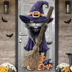 Halloween Door Cover Outdoor Banners Witch Cat Psychedelic Dark Punk Gothic Style Party Outdoor Shooting Backgrounds Front Door Wall Porch Decorations Wall Door Background