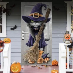 Halloween Door Cover Outdoor Banners Witch Cat Psychedelic Dark Punk Gothic Style Party Outdoor Shooting Backgrounds Front Door Wall Porch Decorations Wall Door Background