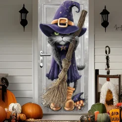 Halloween Door Cover Outdoor Banners Witch Cat Psychedelic Dark Punk Gothic Style Party Outdoor Shooting Backgrounds Front Door Wall Porch Decorations Wall Door Background