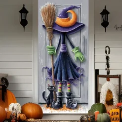 Halloween Door Cover Outdoor Banners Witch Cat Psychedelic Dark Punk Gothic Style Party Outdoor Shooting Backgrounds Front Door Wall Porch Decorations Wall Door Background