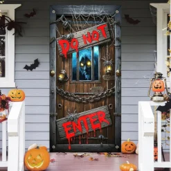 Halloween Door Cover Outdoor Banners Skeleton Psychedelic Dark Punk Gothic Style Party Outdoor Shooting Backgrounds Front Door Wall Porch Decorations Wall Door Background