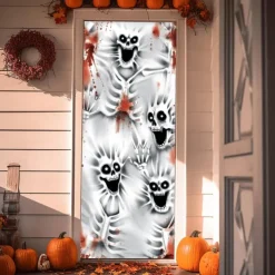 Halloween Door Cover Outdoor Banners Skeleton Ghost 3D Psychedelic Party Outdoor Shooting Backgrounds Front Door Wall Porch Decorations Wall Door Background