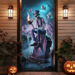 Halloween Door Cover Outdoor Banners Grim Reaper 3D Psychedelic Party Outdoor Shooting Backgrounds Front Door Wall Porch Decorations Wall Door Background