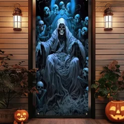 Halloween Door Cover Outdoor Banners Grim Reaper 3D Psychedelic Party Outdoor Shooting Backgrounds Front Door Wall Porch Decorations Wall Door Background