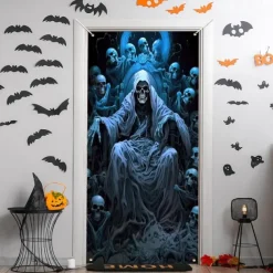 Halloween Door Cover Outdoor Banners Grim Reaper 3D Psychedelic Party Outdoor Shooting Backgrounds Front Door Wall Porch Decorations Wall Door Background